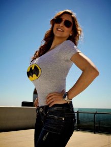Jordan Carver in tight batman shirt