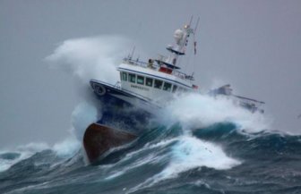 Fishing Boat Battered by Waves