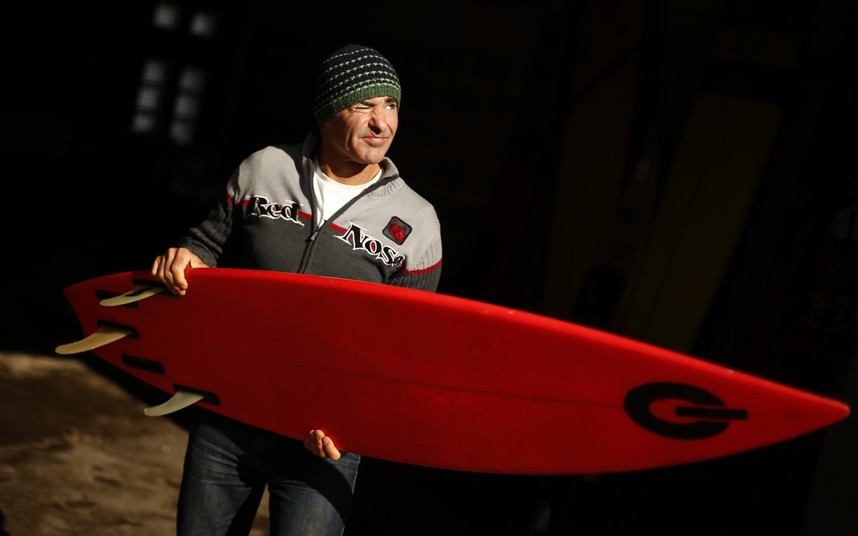 Hawaiian surfer Garrett McNamara on a huge wave in Portugal