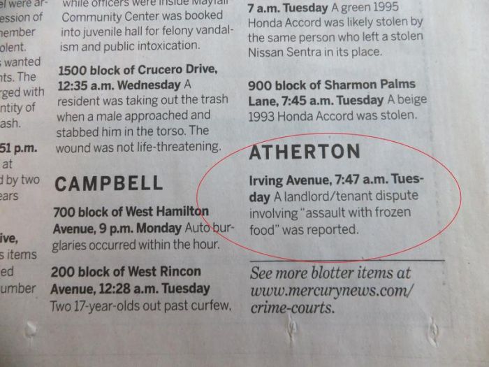 Police Blotter Reports From Atherton, California