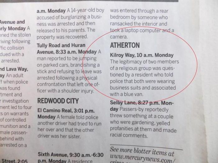 Police Blotter Reports From Atherton, California