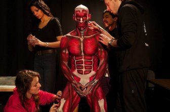 Students Painting a Live Body