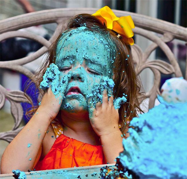 Girl Eats Her Cookie Monster Cake