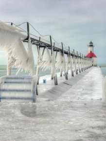 Frozen Lighthouses on Lake Michigan Shore