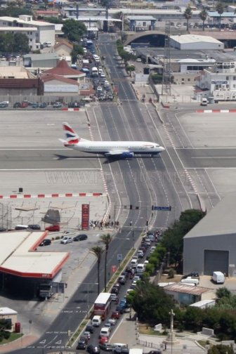 Gibraltar airport runway crosses the road to Spain