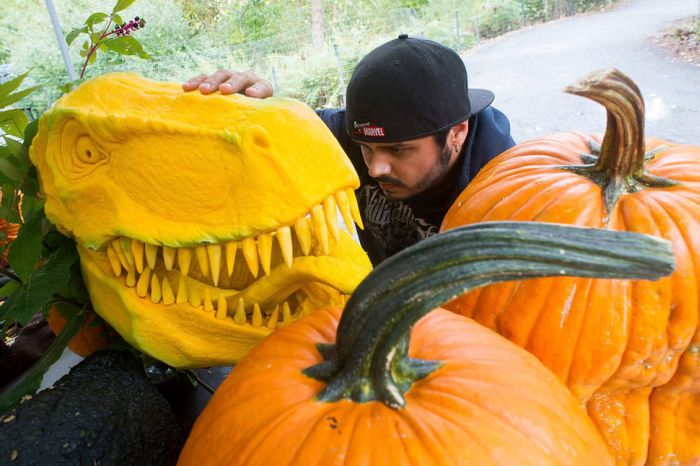 Giant Pumpkin Gets Transformed Into A T-Rex Head