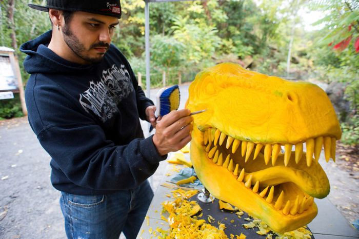 Giant Pumpkin Gets Transformed Into A T-Rex Head