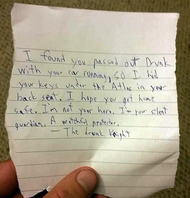 The Drunk Knight Leaves Hilarious Note For Man Passed Out In His Car