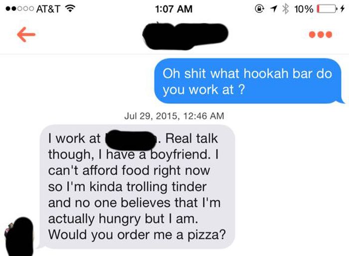 Girl Trolls Tinder Trying To Get Pizza But Instead She Just Gets Burned