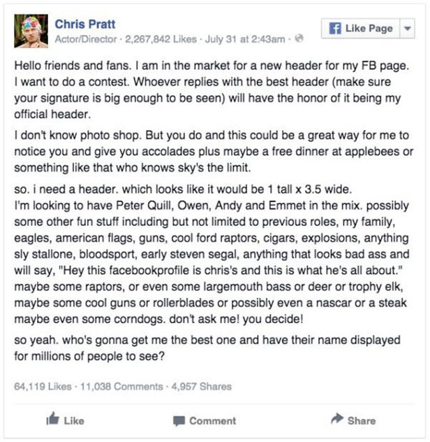 Chris Pratt Asked The Internet To Design His Facebook Header Image
