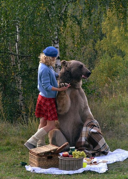Mother And Daughter Enjoy An Outdoor Picnic With A Giant Bear