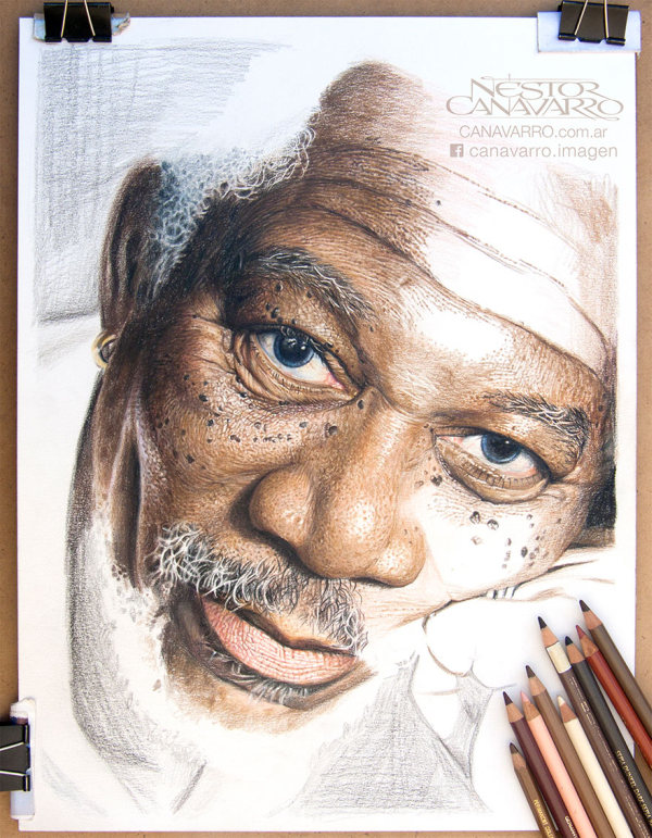 Artist Spends 50 Hours Drawing A Portrait Of Morgan Freeman With Colored Pencils