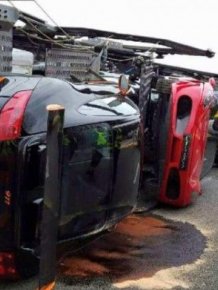 Transporter Carrying 9 Supercars Overturns On The Road