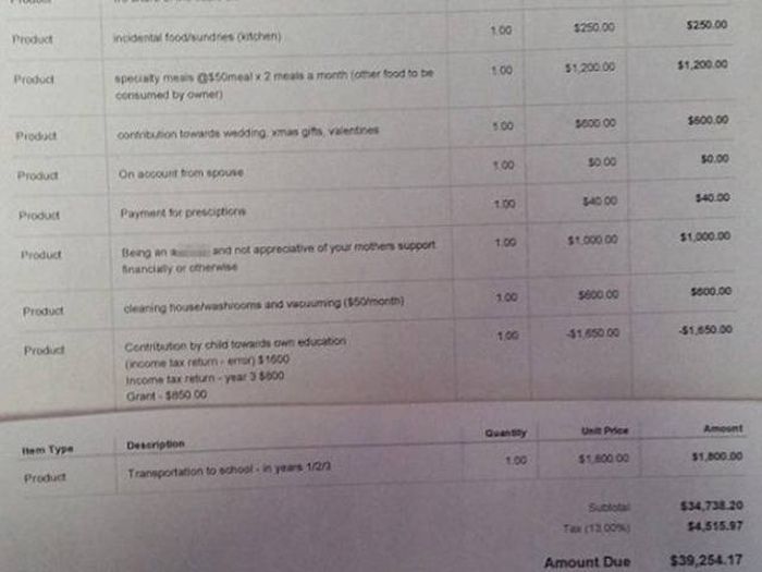 Mother Calls Out Her Ungrateful Son By Sending Him An Invoice