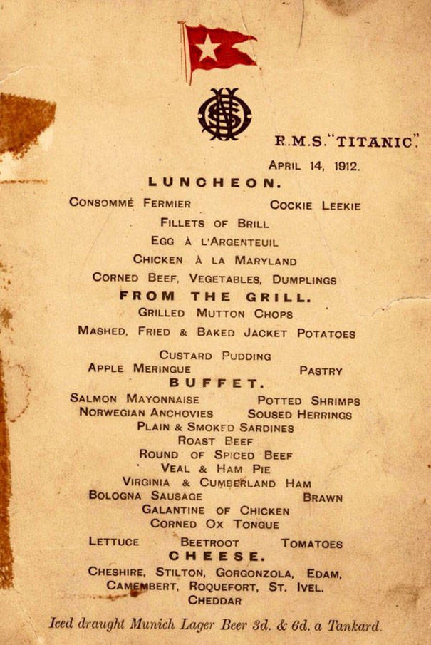 Menus From The Titanic Show Food Selections For All The Passengers On Board