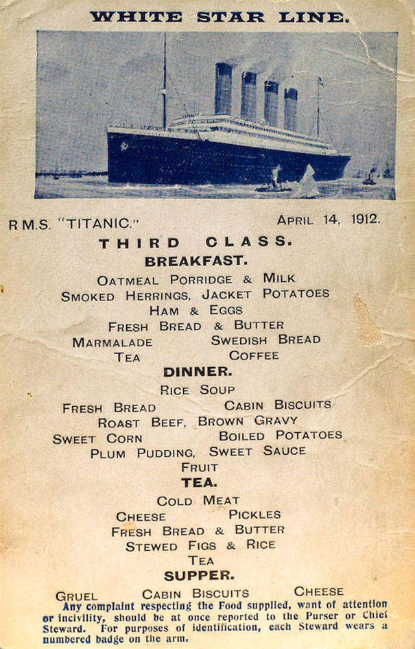 Menus From The Titanic Show Food Selections For All The Passengers On Board