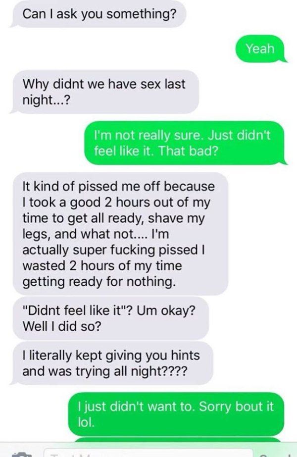 Girl Freaks Out On Guy Because She Shaved Her Legs And He Didn't Put Out