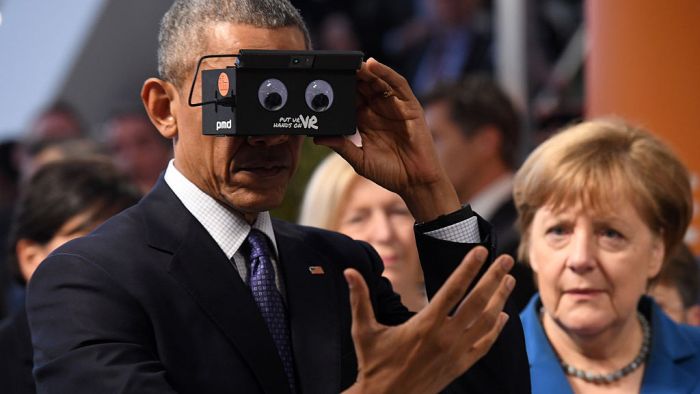 President Obama And Angela Merkel Test Virtual Reality Technology