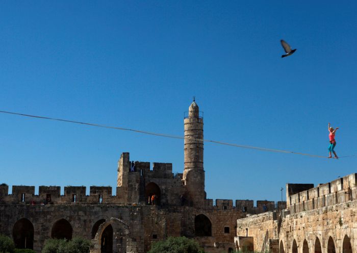 American Walks Across A Tightrope At Jerusalem's Tower Of David