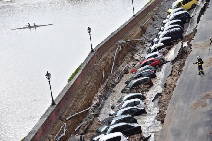 Parking Area Collapses On The Banks Of Florence's Arno River