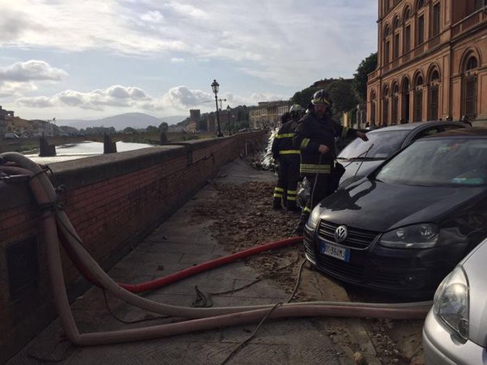 Parking Area Collapses On The Banks Of Florence's Arno River