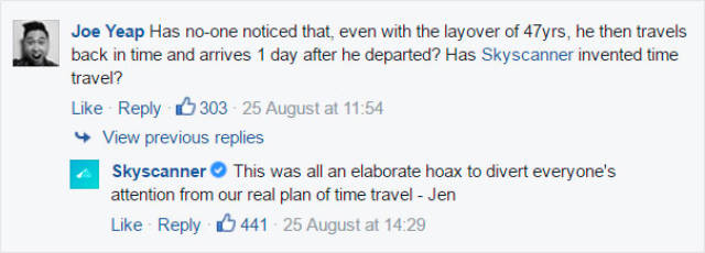 Skyscanner Has A Brilliant Response For Guy Complaining About His 47-Year Wait