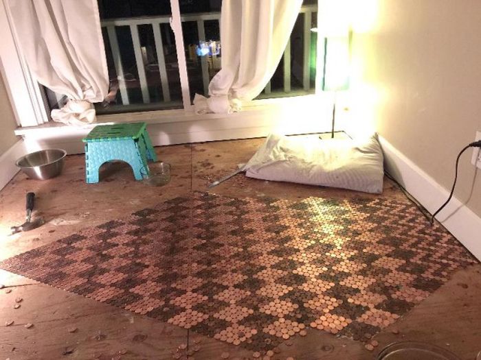 Woman Covers Her Entire Floor In Pennies