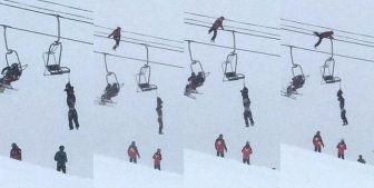 Kid Tightrope Walks On Ski Lift Cables To Save Friend