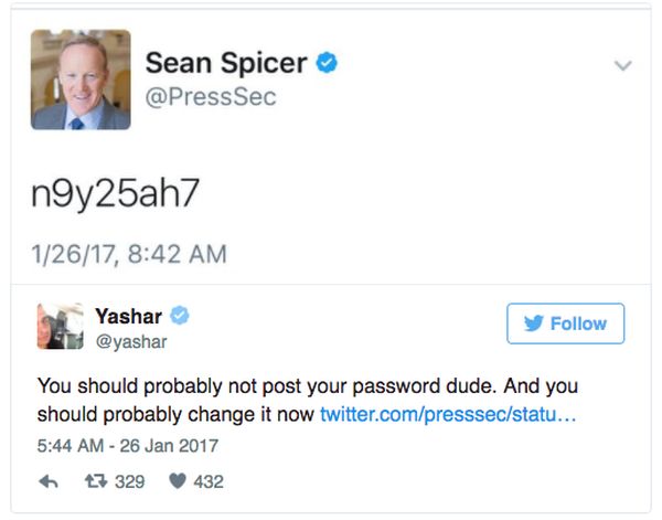 Press Secretary Sean Spicer Accidentally Tweets His Password