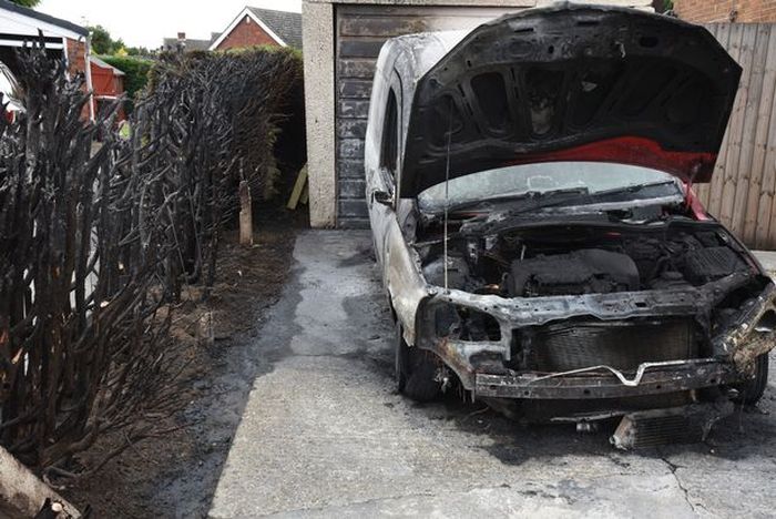 Man Destroys Neighbor's Van While Using A Blowtorch To Remove Weeds