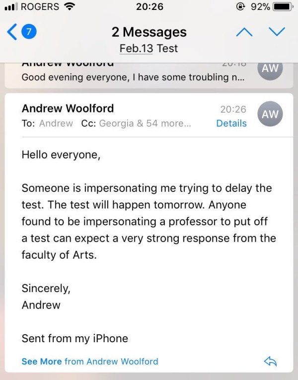 College Student Fakes Teacher’s Email To Avoid Test