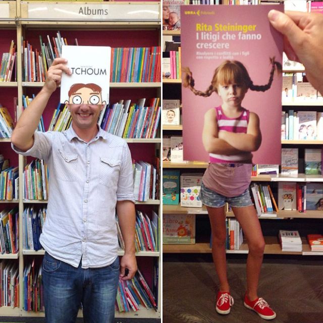Bookstore Customers Strategically Posing With Seamlessly Matching Book Covers