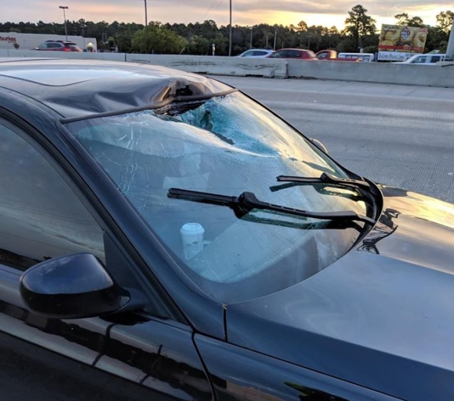 Flying Tow Hitch Hits Car On I-45