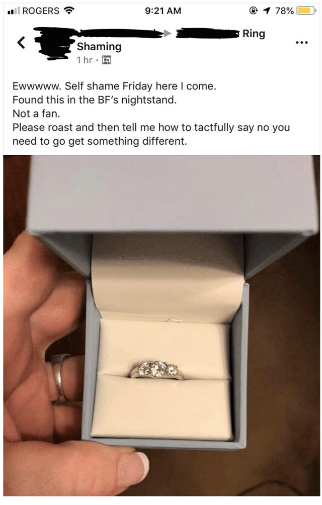 Woman Finds A Ring In Her Boyfriend’s Nightstand, Posts It To A Ring-Shaming Group