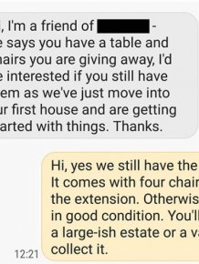 Man Offering Free Table and Chairs Almost Instantly Regrets It