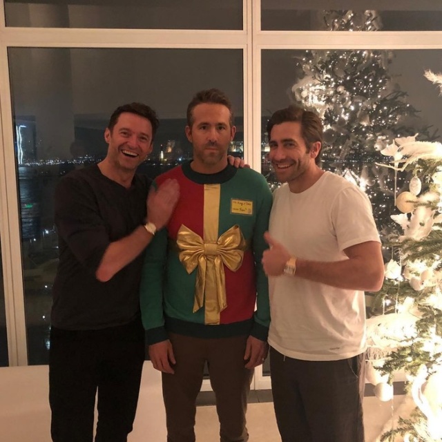 Hugh Jackman and Jake Gyllenhaal Laughing At Ryan Reynolds' Ugly Sweater