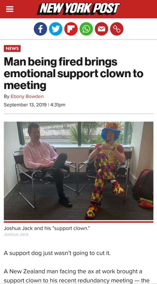 Man Being Fired Brings Emotional Support Clown To Meeting
